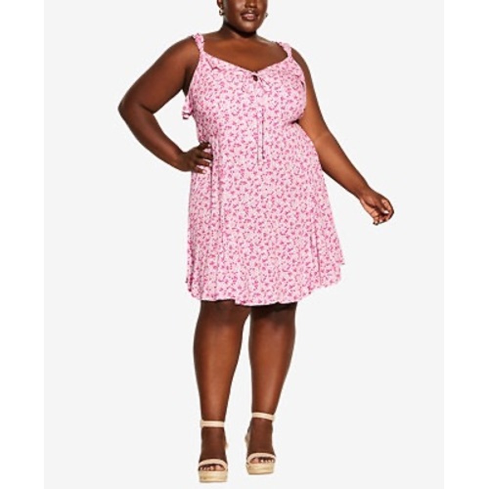 NWT City Chic Pink Foolish Ditsy Floral Ruffle‎ Strap Tie Front Dress sz 24W